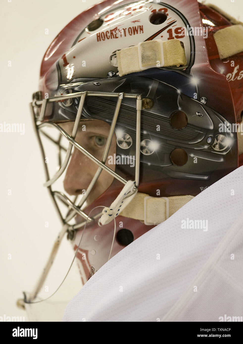 Detroit Red Wings goalie Jimmy Howard watches the Colorado Avalanche during warm ups at the Pepsi Center on March 1, 2010 in Denver.   Howard and the Red Wings beat the Avalanche 3-2.  The NHL returns to action one day after the 2010 Winter Olympics ended in Vancouver.            UPI/Gary C. Caskey Stock Photo