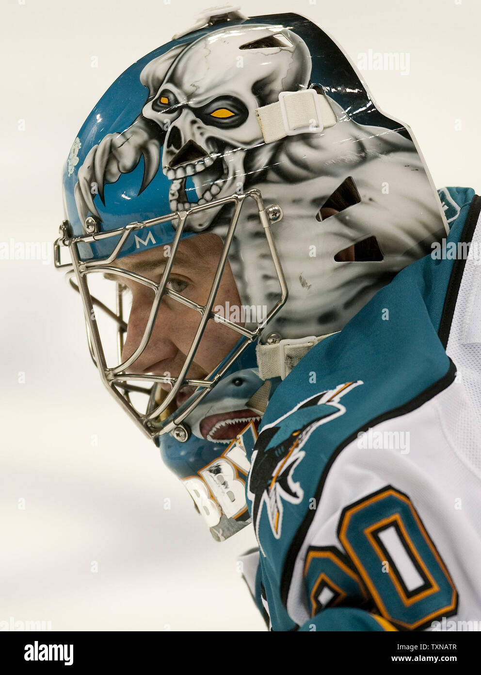 San Jose Sharks goalie Evgeni Nabokov watches the Colorado Avalanche during warm ups at the Pepsi Center on April 4, 2010 in Denver.     Colorado beat San Jose and Nabokov 5-4 in overtime.    UPI/Gary C. Caskey Stock Photo