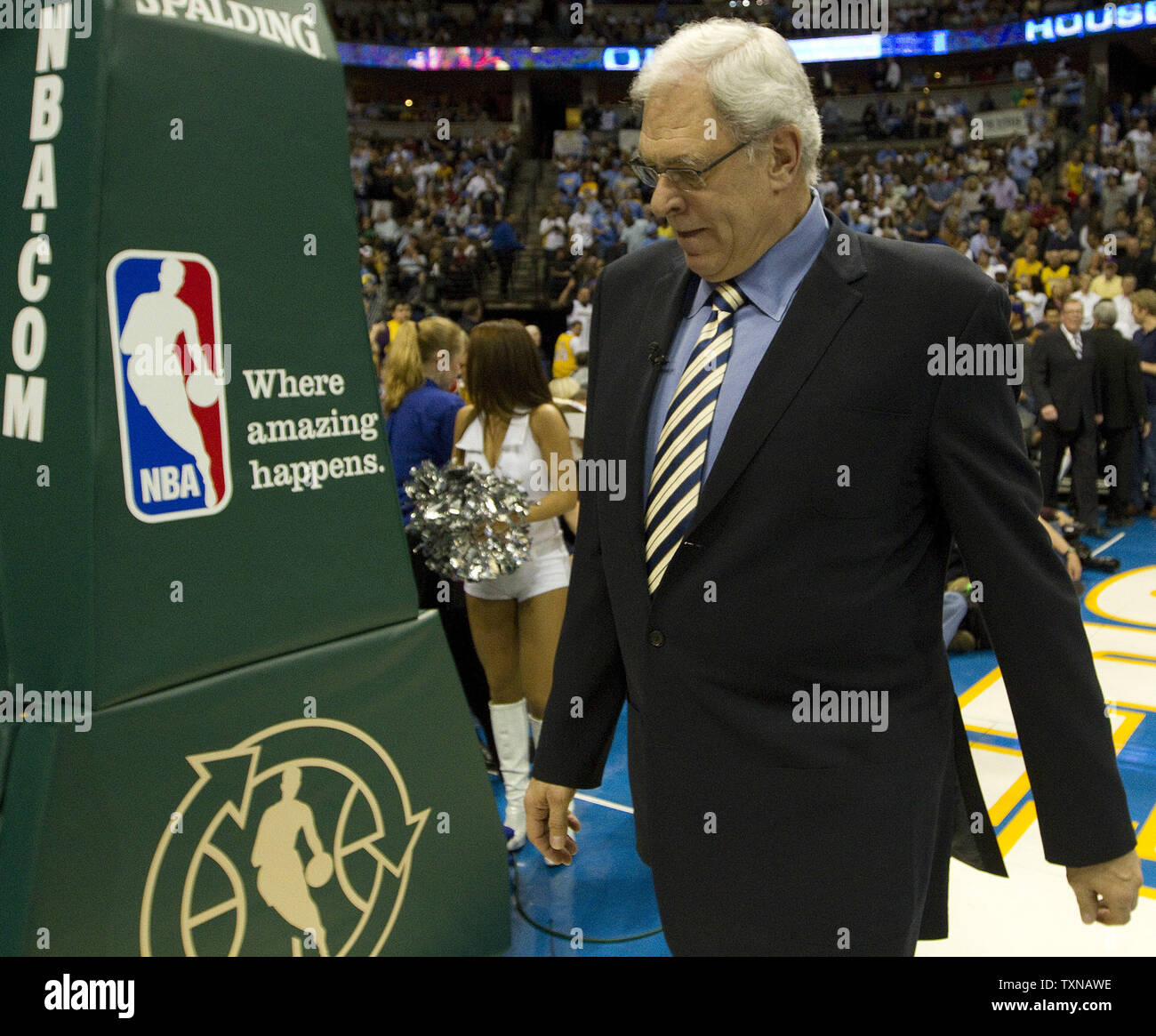 Los Angeles Lakers head coach Phil Jackson arrives on the court without his star player Kobe Bryant to face the Denver Nuggets at the Pepsi Center on April 8, 2010 in Denver.    The Lakers currently lead the Western Conference.        UPI/Gary C. Caskey Stock Photo