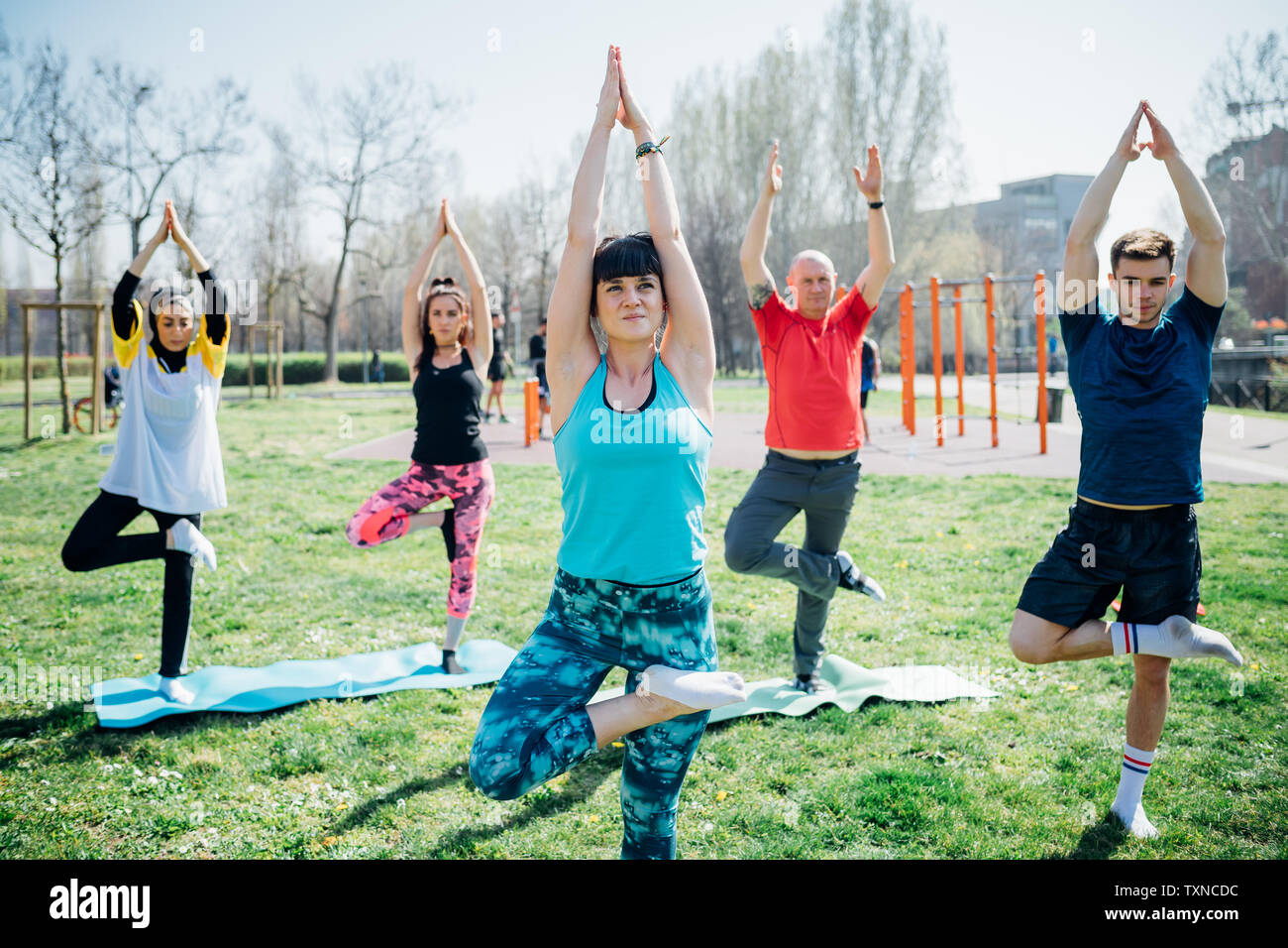 Calisthenics class at outdoor gym, women and men practicing yoga tree ...