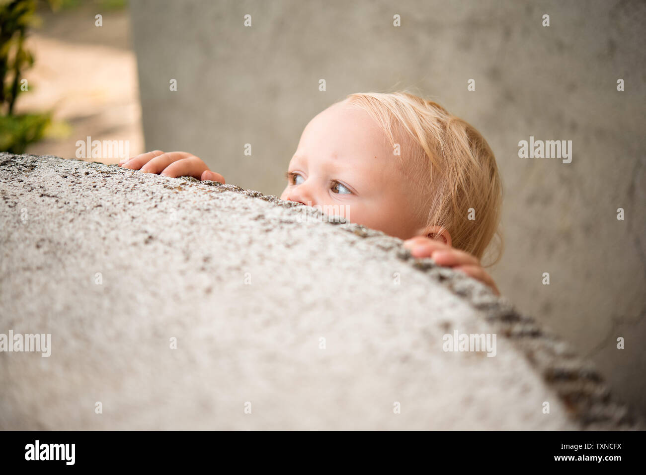 Cute female toddler peering over wall Stock Photo