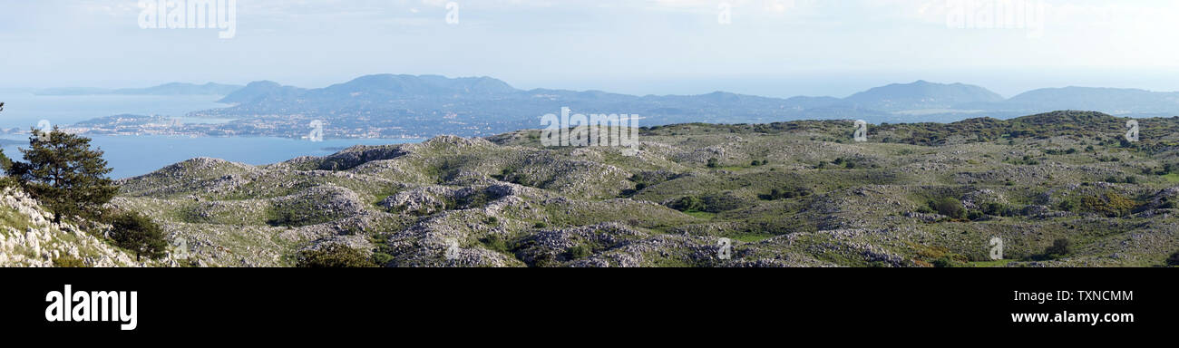 Panorama near Pantokrator mount on the east coast of Corfu island, Greece Stock Photo