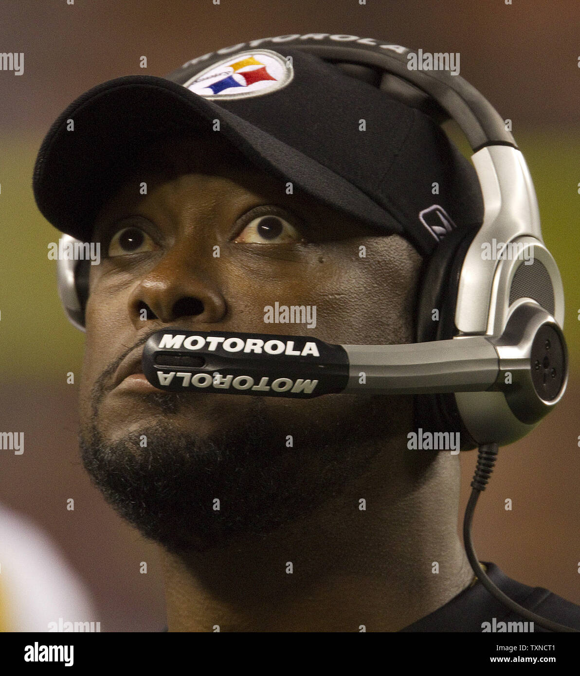 Pittsburgh Steelers head coach Mike Tomlin watches play against the Denver Broncos at Invesco Field at Mile High on August 29, 2010 in Denver.  Tomlin's Steelers lost to the Broncos 34-17.      UPI/Gary C. Caskey Stock Photo