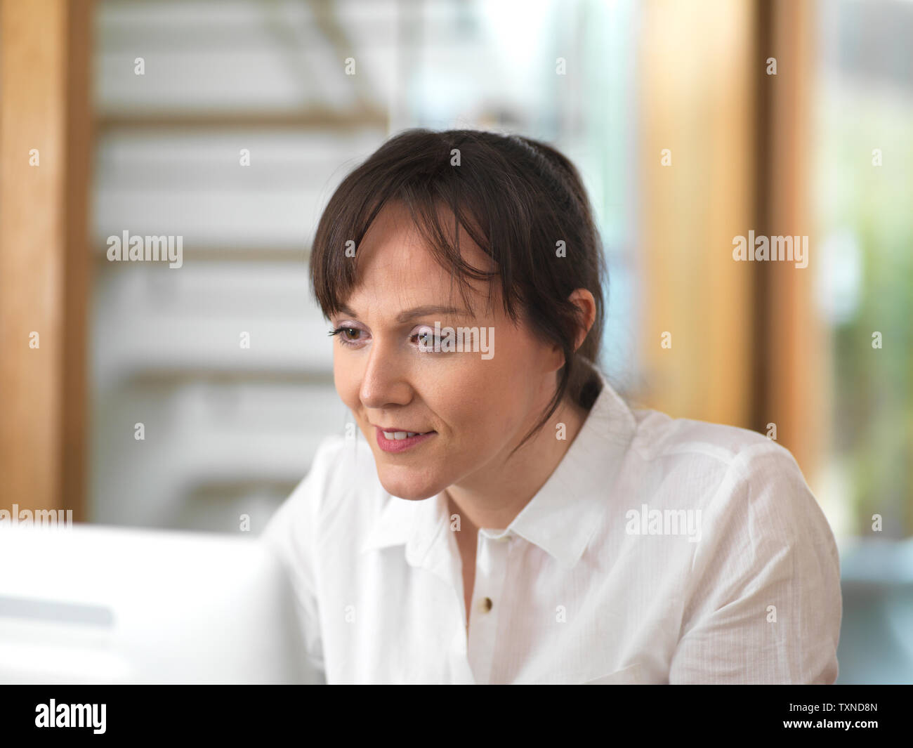Woman viewing reports on a computer Stock Photo