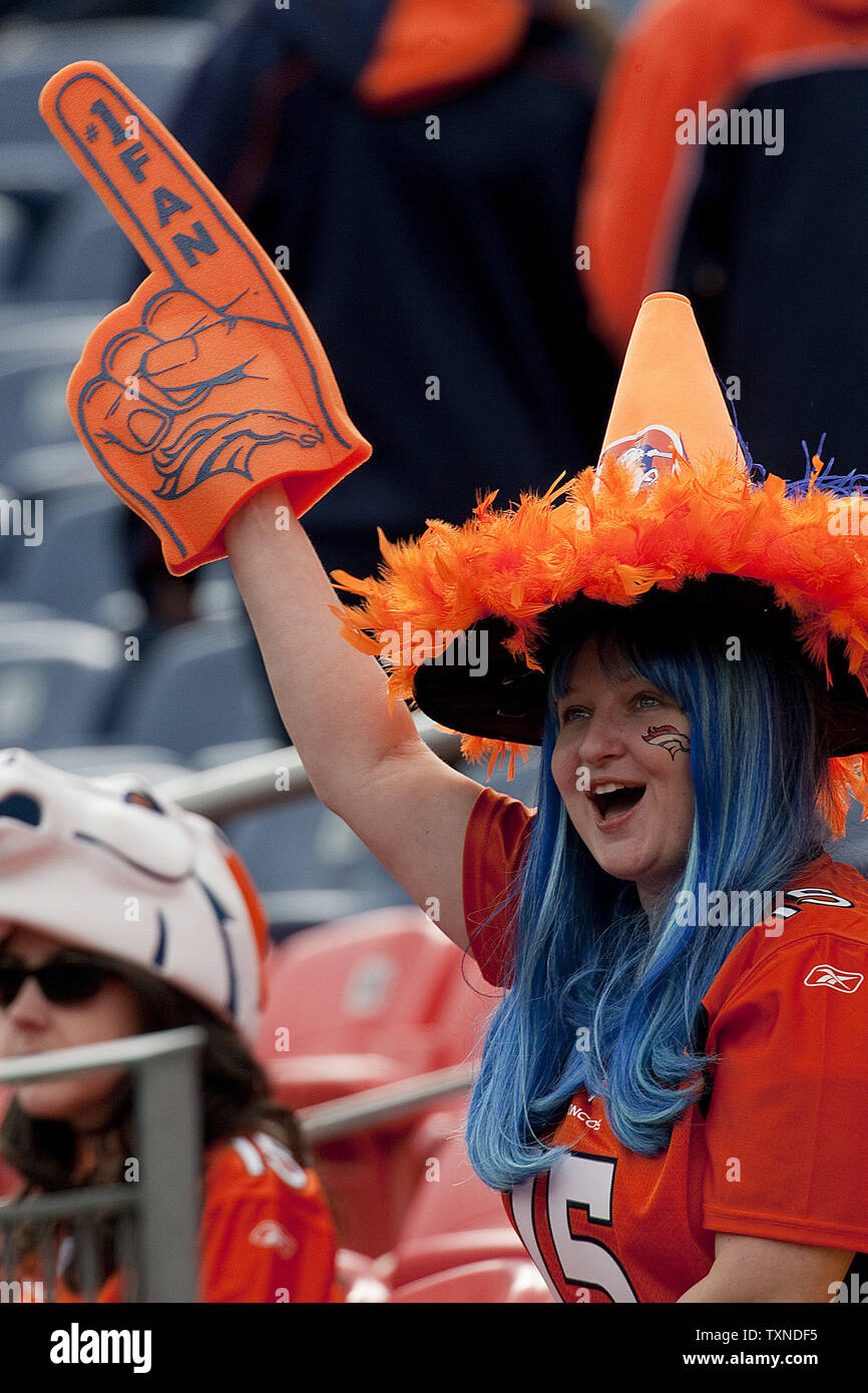 A Denver Broncos fans wears her witch's hat a week before Halloween as the Broncos prepare to host the Oakland Raiders at Invesco Field at Mile High on October 24, 2010 in Denver.           UPI/Gary C. Caskey Stock Photo