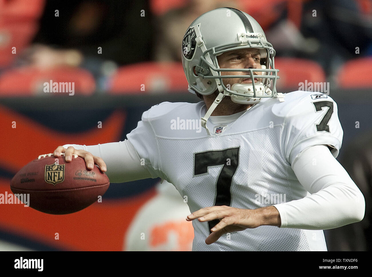 Oakland Raiders backup quarterback Kyle Boller warms up at Invesco Field at Mile High on October 24, 2010 in Denver.  Boller will start if Raiders quarterback Jason Campbell is unable to play against the Denver Broncos.           UPI/Gary C. Caskey Stock Photo