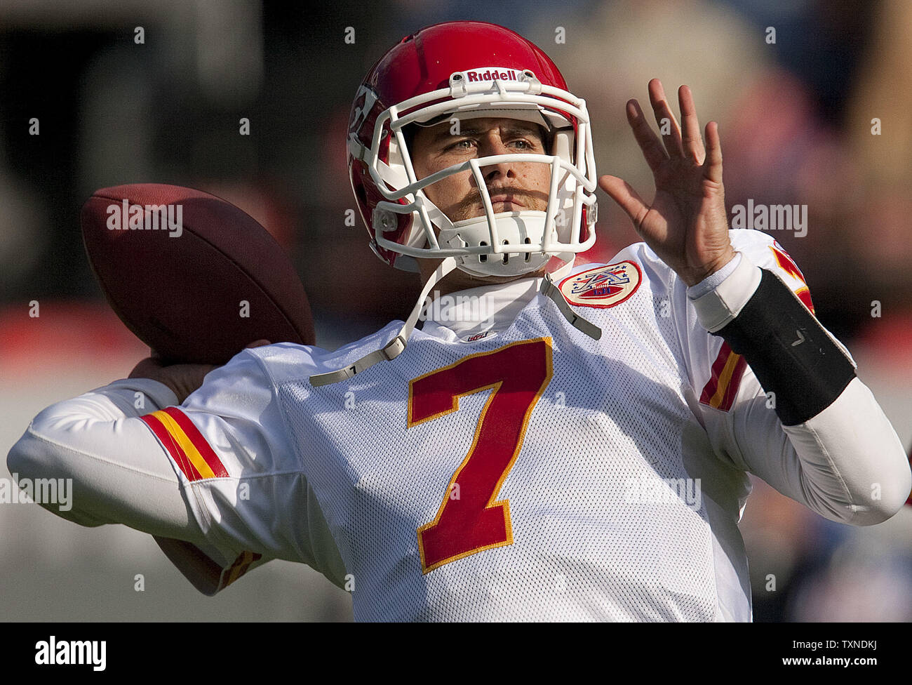 14 NOVEMBER 2010: Kansas City Chiefs head coach Todd Haley argues a  reception that was ruled a touchdown after instant replay showed the  receivers feet both touch the ground in-bounds during a