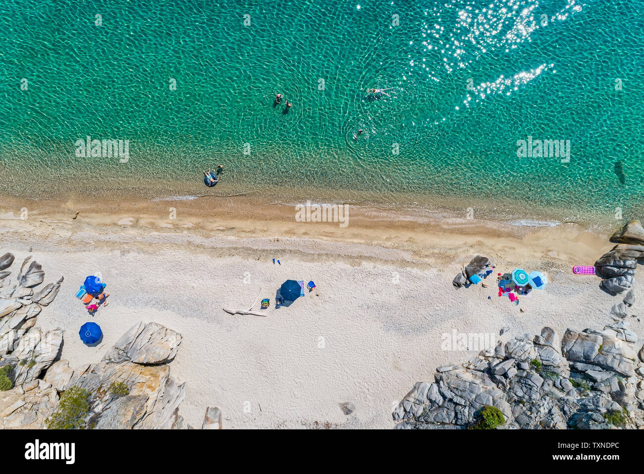Top view of Fava Beach in Vourvourou at Chalkidiki, Greece. Aerial Photography. Stock Photo