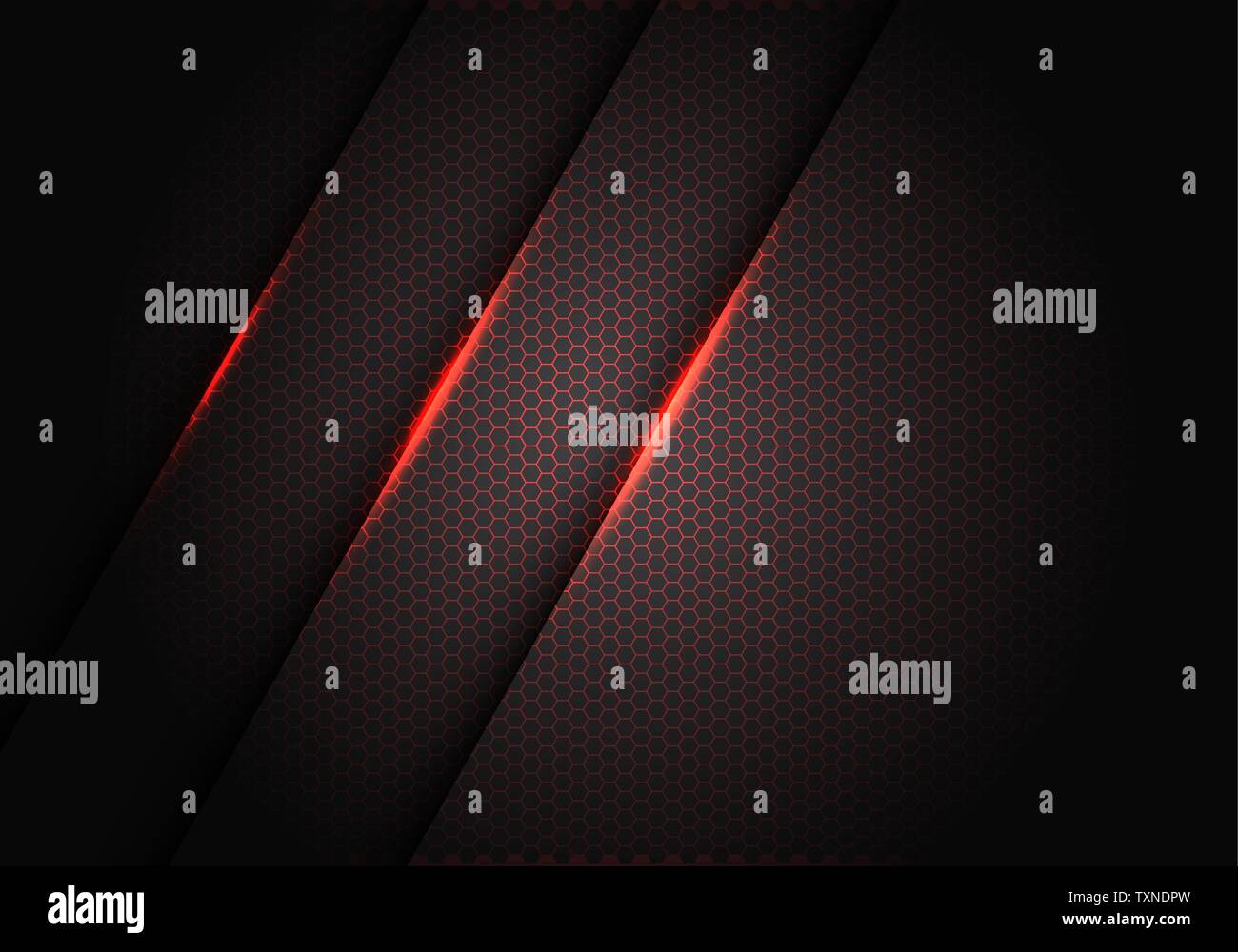 Abstract red light on hexagon mesh pattern in dark grey metallic design ...