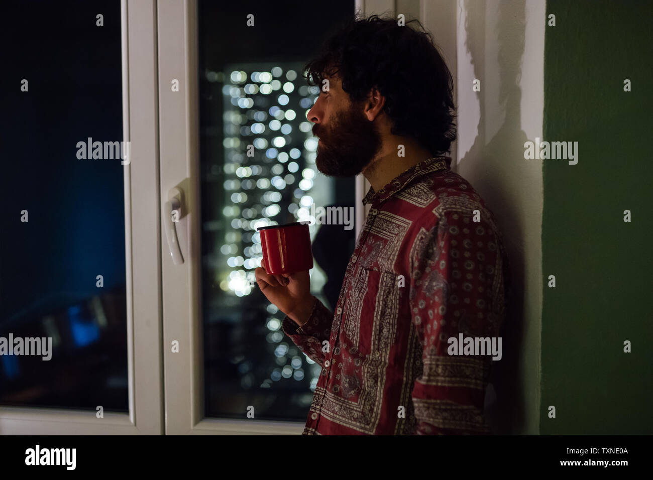 Bearded young man in deep thought by window Stock Photo