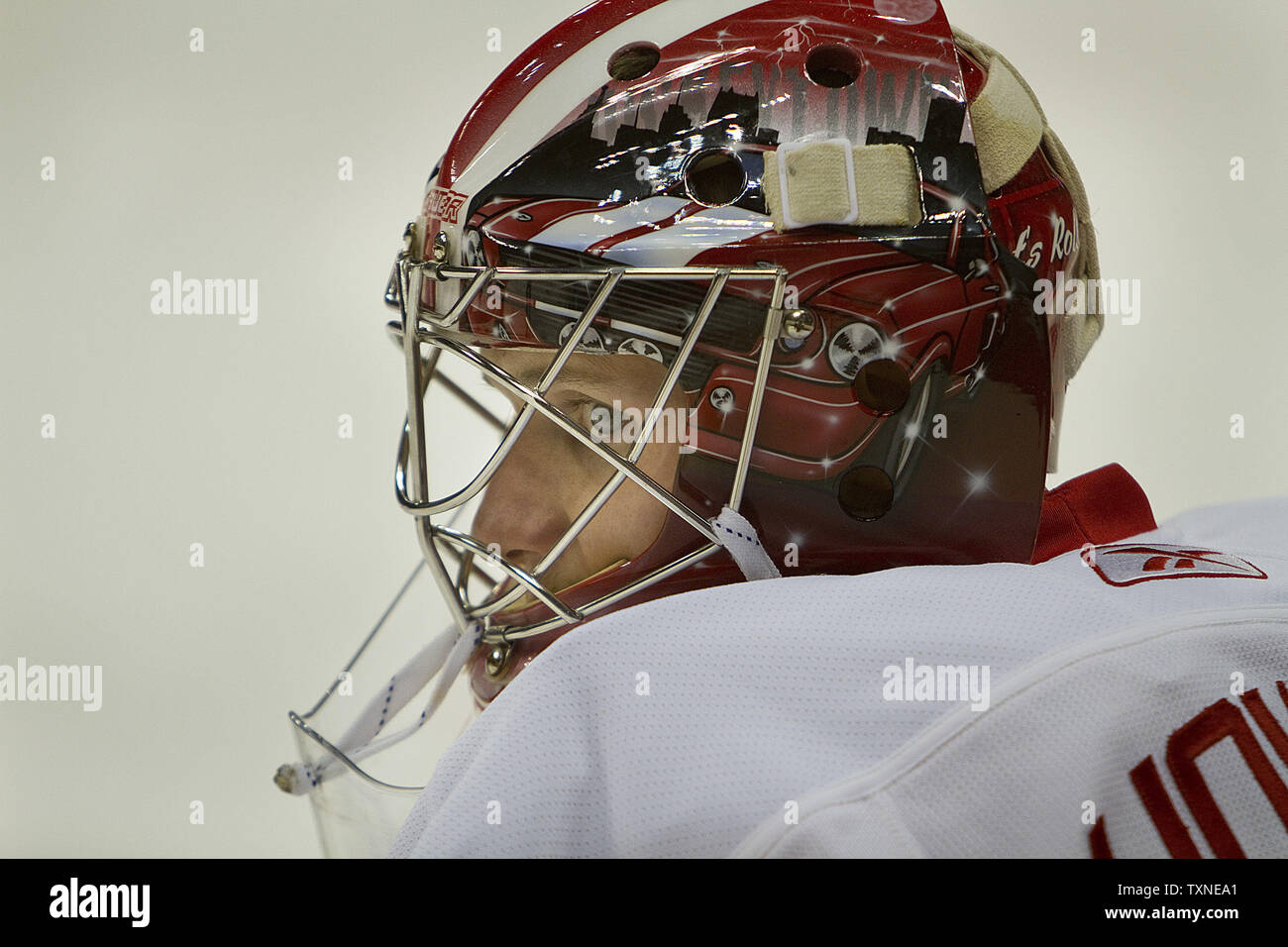 Detroit Red Wings goalie Jimmy Howard watches the Colorado Avalanche during warm ups at the Pepsi Center in Denver on December 27, 2010.  UPI/Gary C. Caskey Stock Photo