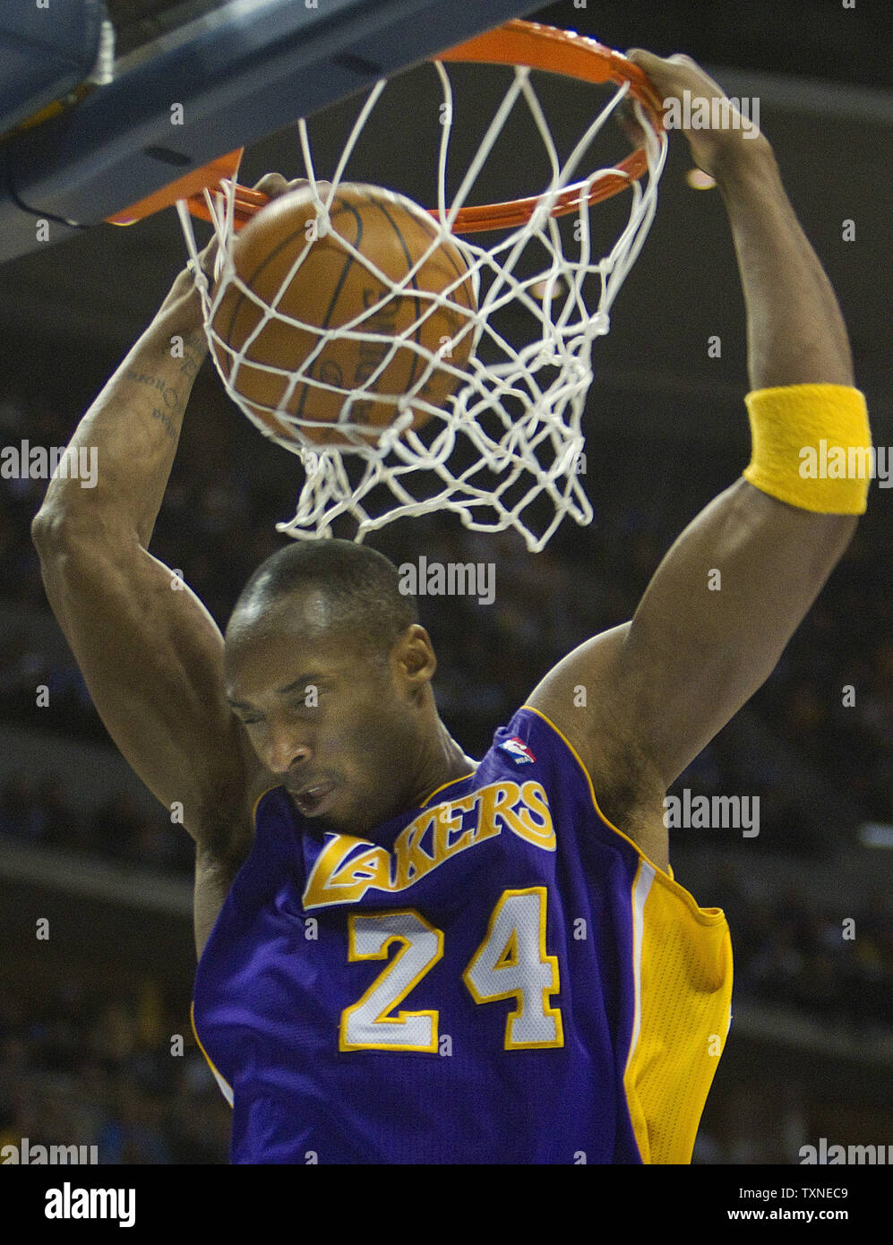 Los Angeles Lakers guard Kobe Bryant dunks against the Denver Nuggets at the Pepsi Center in Denver on January 21, 2011.   The Lakers beat the Nuggets 107-97.      UPI/Gary C. Caskey Stock Photo