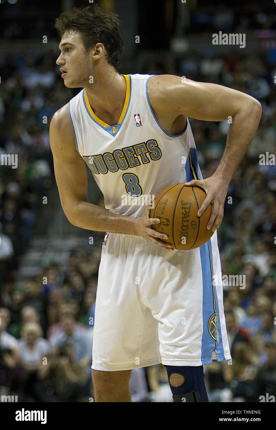 Acquired in a trade from the New York Knicks, Denver Nuggets forward Danilo  Gallinari wears number 8 on his jersey starting against the Boston Celtics  in his first game at the Pepsi