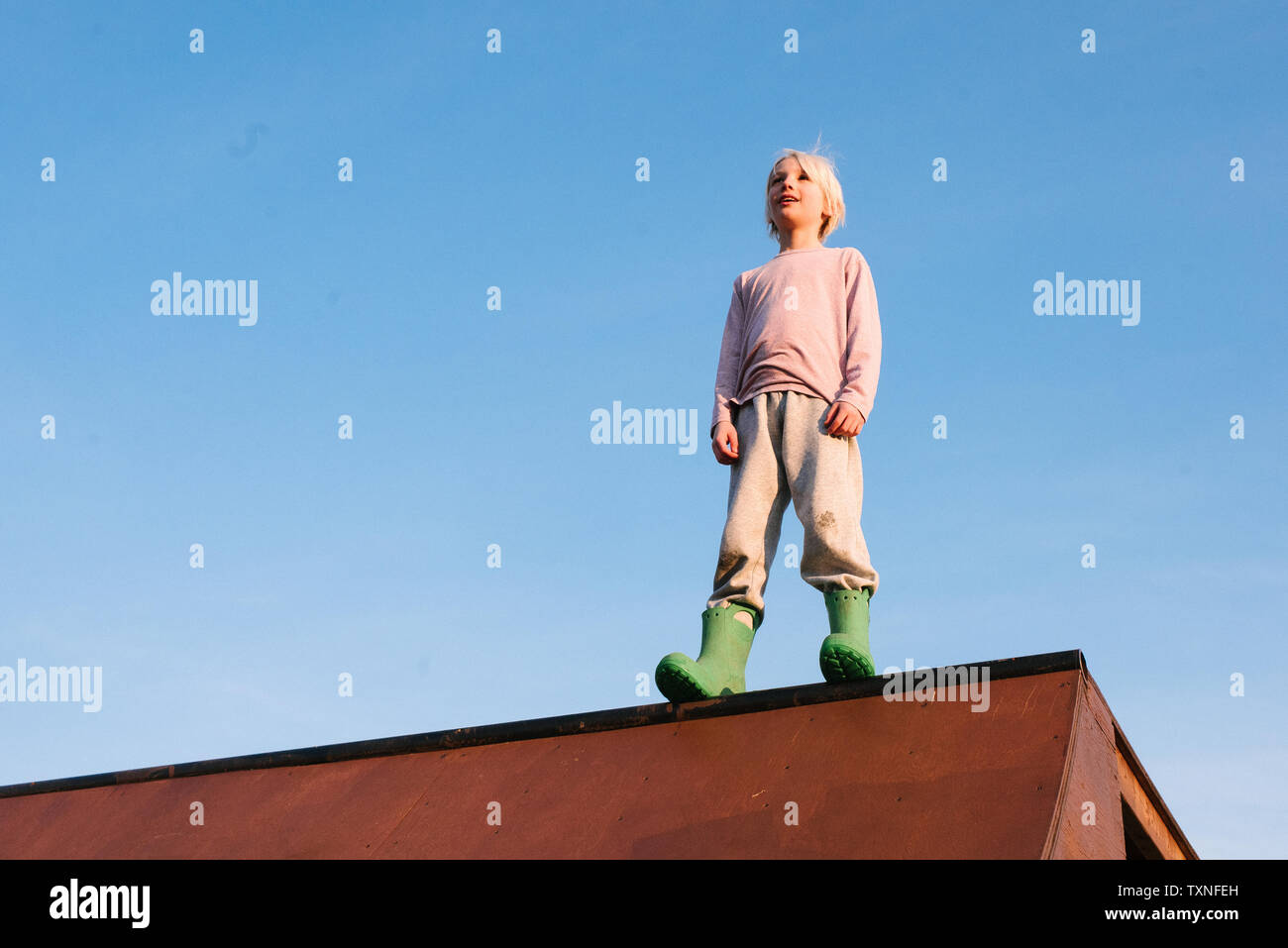 Boy standing on top of skateboard ramp against blue sky, low angle view Stock Photo
