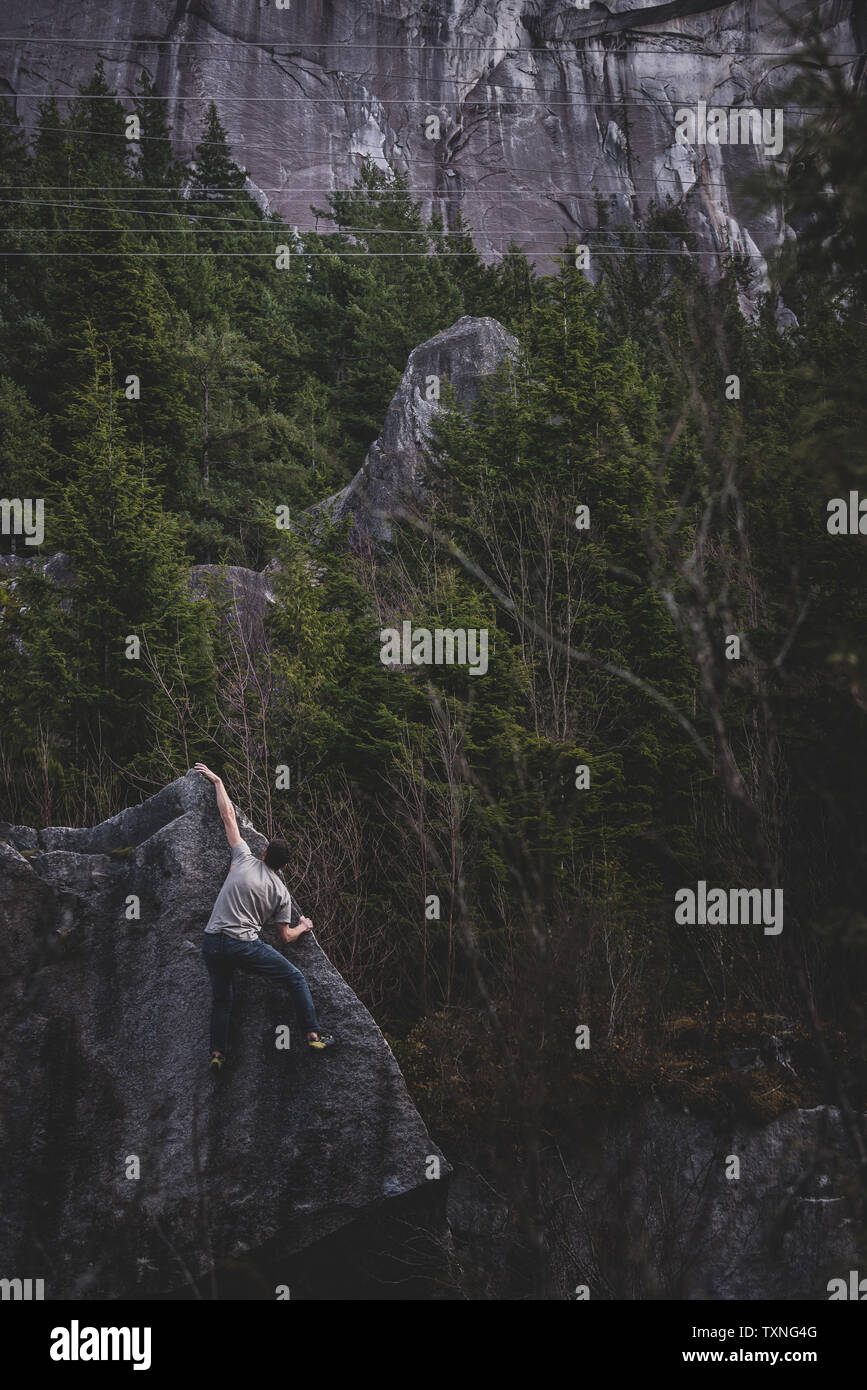 Climber bouldering in forest, Squamish, Canada Stock Photo