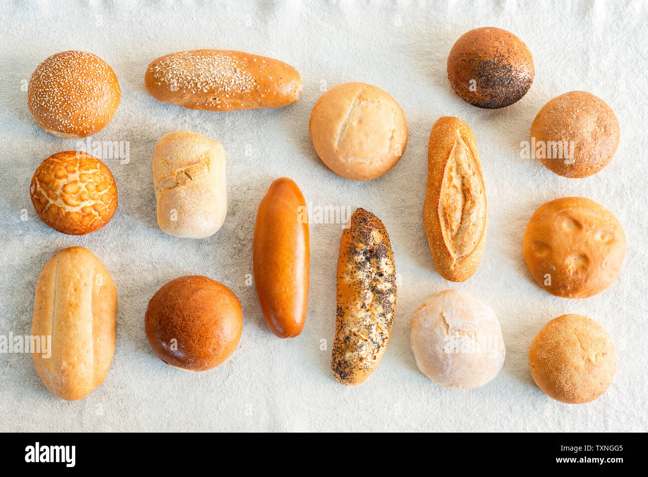 Large variety of wholemeal and white bread rolls, overhead view Stock Photo