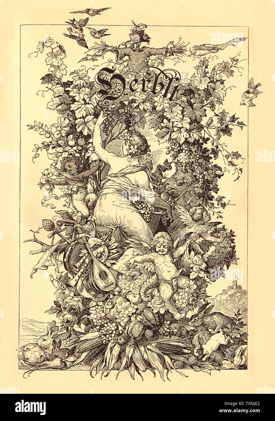 Beautiful vintage frontispiece chapter decoration dedicated to the autumn season with Herbst written in old German characters, a cute girl stealing grapes, puttos, a scarecrow,bunnies and triumph of seasonal plant, flowers and crops Stock Photo