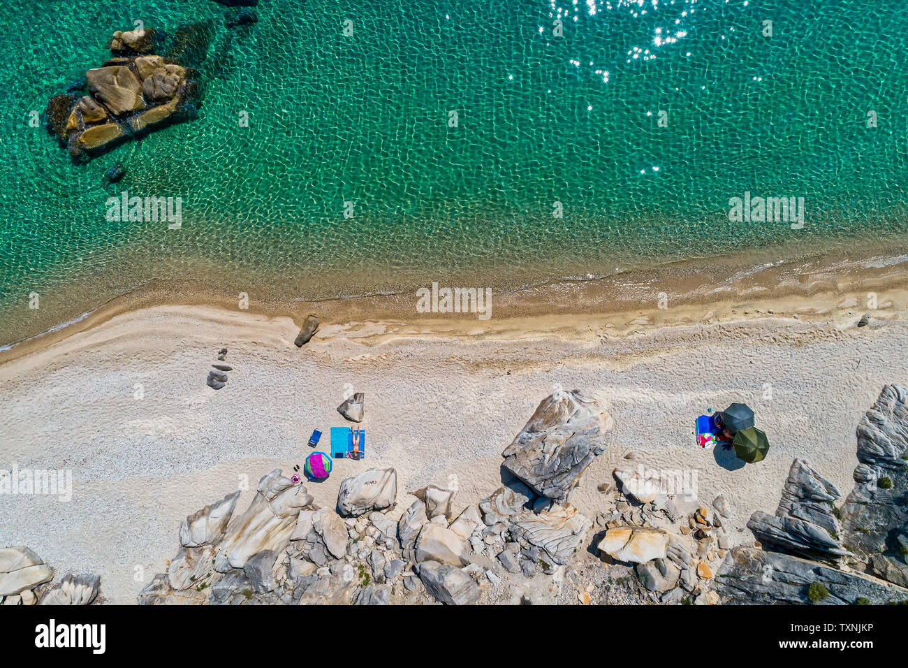 Top view of Fava Beach in Vourvourou at Chalkidiki, Greece. Aerial Photography. Stock Photo