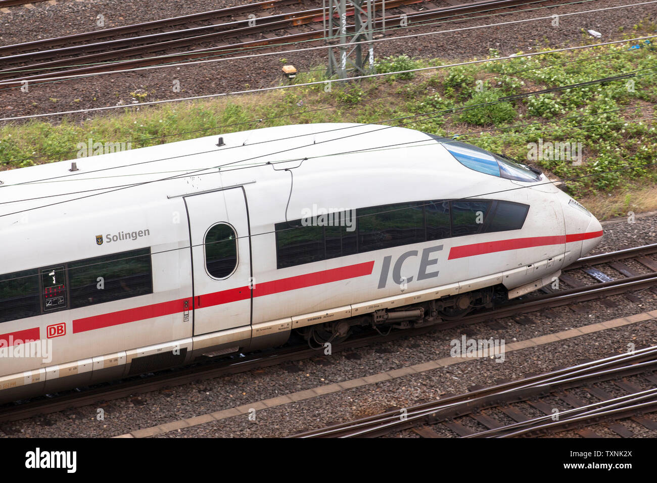high-speed train ICE in the town district Deutz, Cologne, Germany.  Hochgeschwindigkeitszug ICE im Stadtteil Deutz, Koeln, Deutschland. Stock Photo