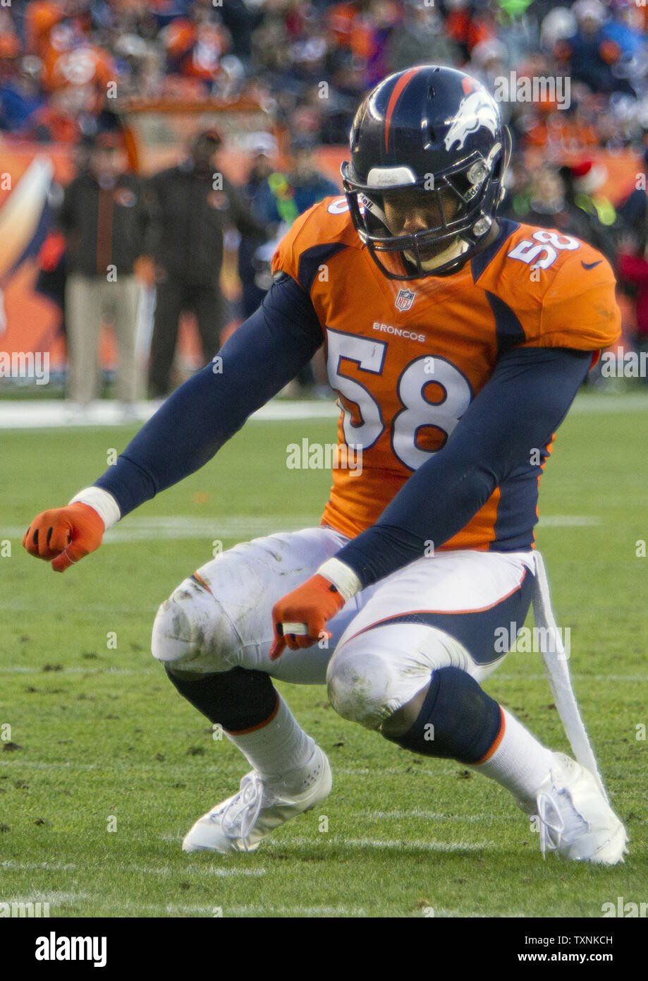Denver Broncos linebacker Von Miller does a sack dance after sacking Cleveland Browns quarterback Brandon Weeden in the third quarter at Sports Authority Field at Mile High on December 23 2012 in