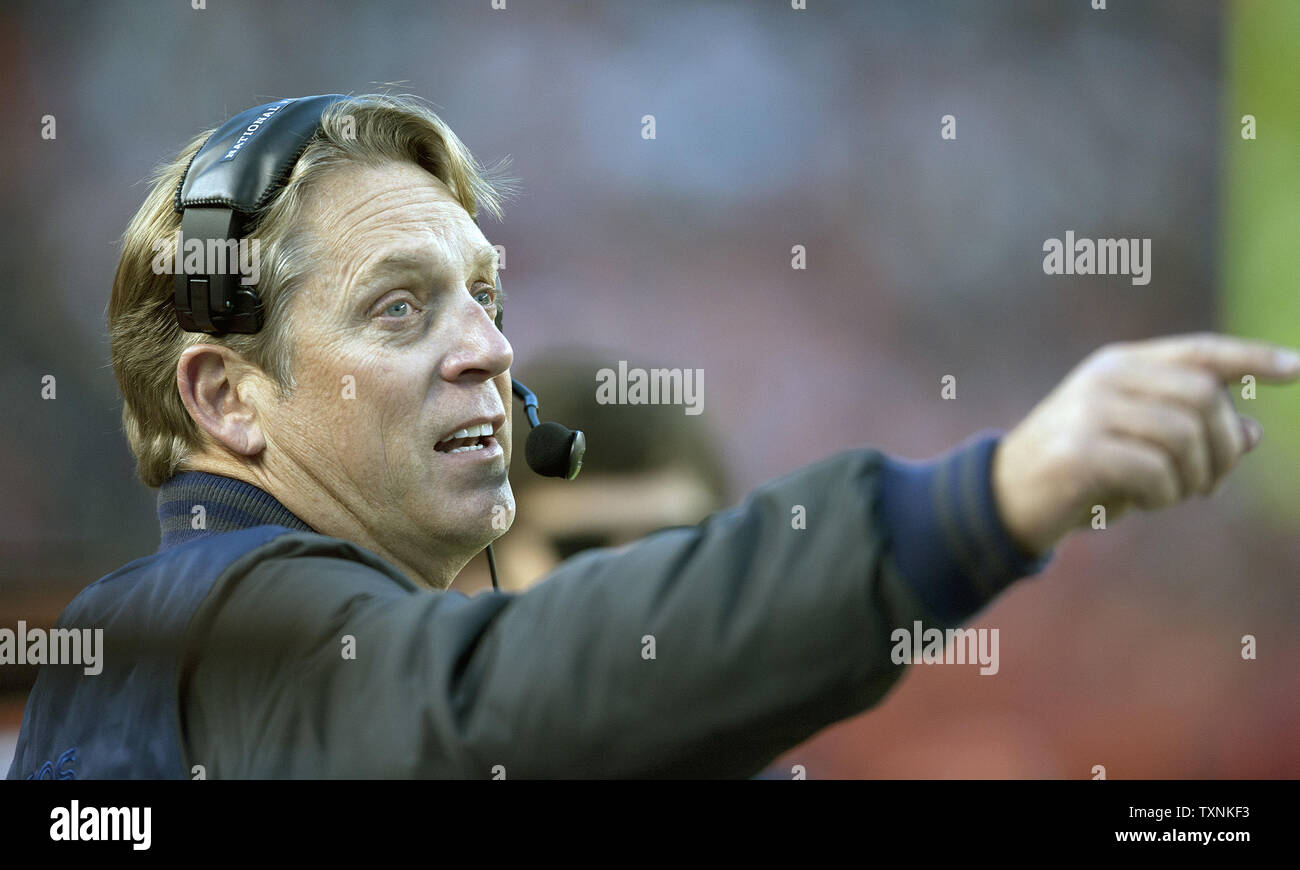 Denver Broncos defensive coordinator Jack Del Rio directs his players against the Cleveland Browns at Sports Authority Field at Mile High on December 23, 2012 in Denver.  AFC West Denver clinches a first round bye defeating Cleveland 34-12 while the Houston Texans lost to the Minnesota Vikings.    UPI/Gary C. Caskey Stock Photo