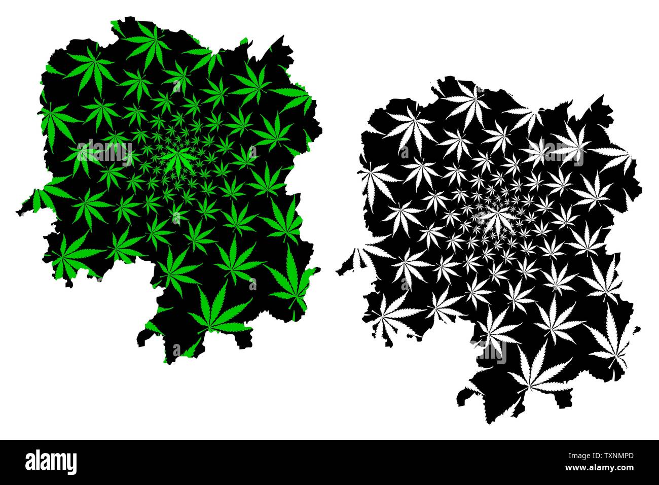 Hunan Province (Administrative divisions of China, China, People's Republic of China, PRC) map is designed cannabis leaf green and black, Hunan map ma Stock Vector