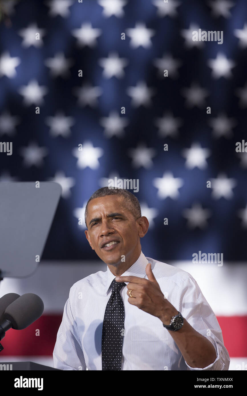 President Barack Obama speaks during an economic speech at Cheeseman Park in Denver on July 9, 2014.  President Obama spoke passionately about topics from minimum wage to executive actions.     UPI/Gary C. Caskey. Stock Photo