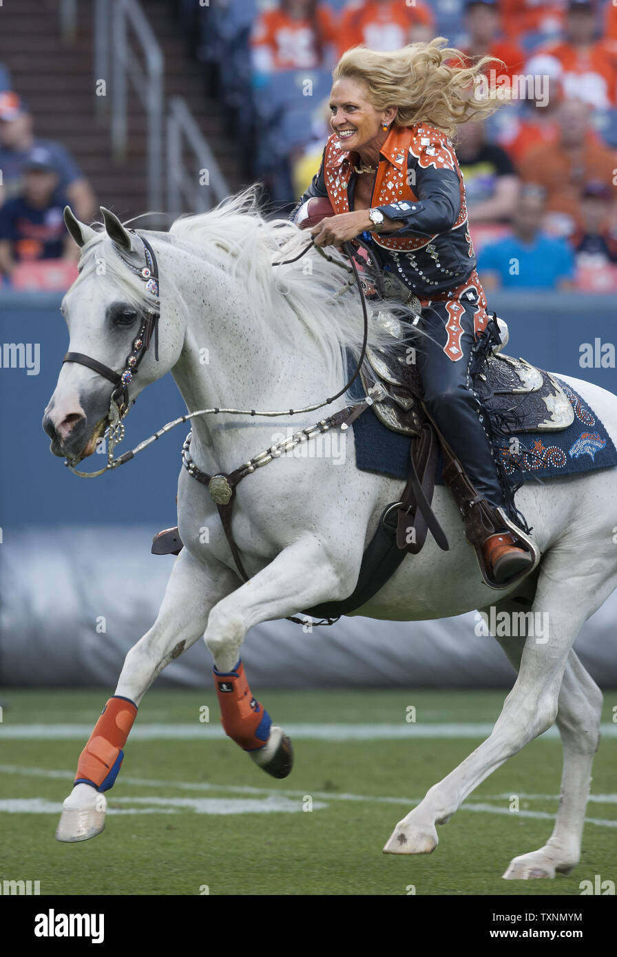 The game ball is brought on to the field by Denver Broncos mascot Thunder at Sports Authority Field at Mile High on August 23, 2014 in Denver.  Denver hosts Houston in the third pre-season game of the season.    UPI/Gary C. Caskey. Stock Photo