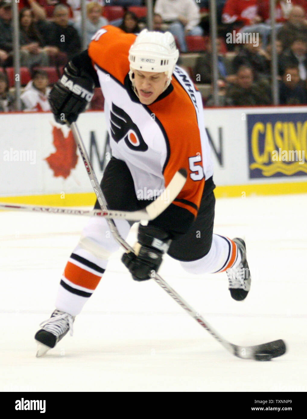 Philadelphia Flyers defenseman Kim Johnsson (5) breaks his stick on a slapshot in the first period against the Detroit Red Wings at Joe Louis Arena in Detroit, MI on January 12, 2006.  (UPI Photo/Scott R. Galvin) Stock Photo