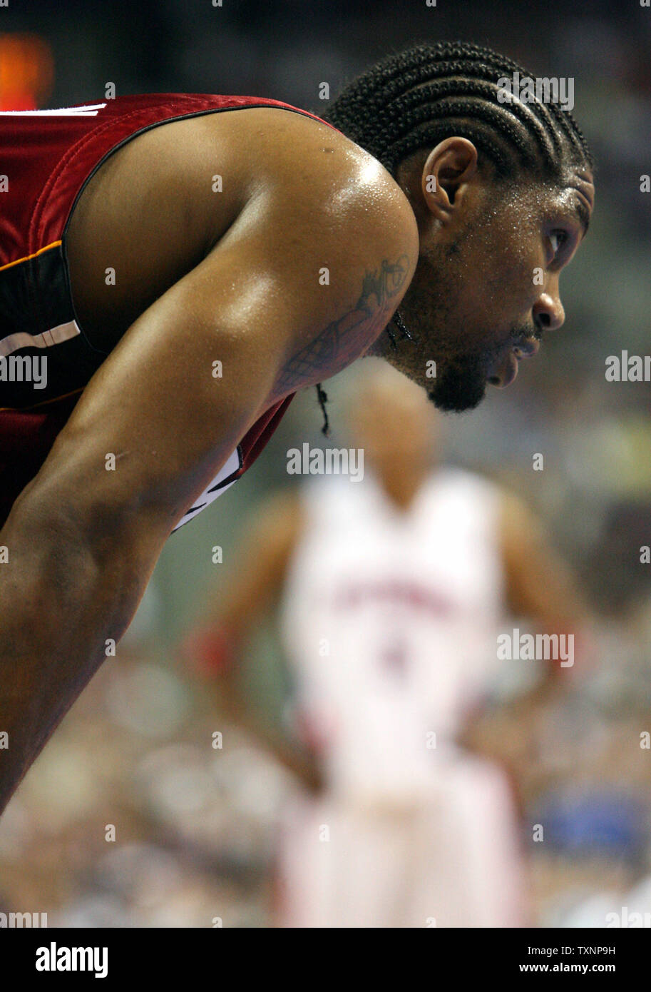 Miami Heat forward Udonis Haslem waits for foul shots by the Detroit Pistons in the third quarter at The Palace of Auburn Hills in Auburn Hills, Mi on May 31, 2006. The Pistons defeated the Heat 91-78 to win game five of the Eastern Conference Finals. (UPI Photo/Scott R. Galvin) Stock Photo