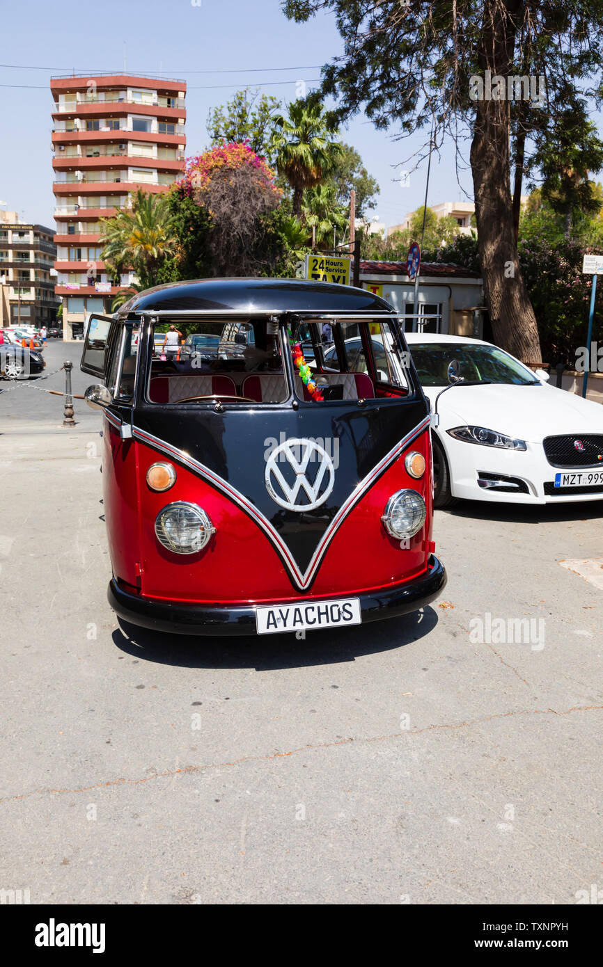 restored classic Volkswagen 1960’s camper van wedding car, Europe Square, Larnaca, Cyprus June 2019 Stock Photo
