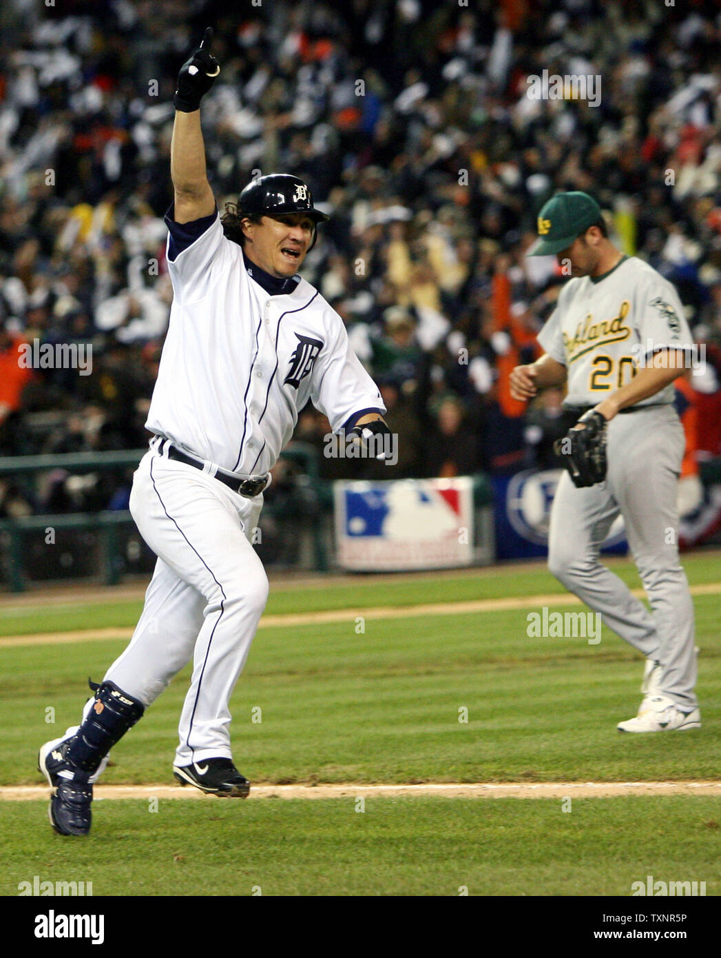 Detroit Tigers' Magglio Ordonez celebrates his three-run