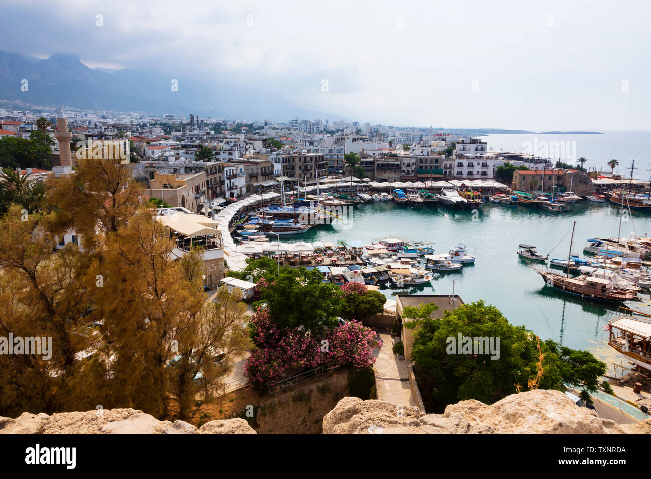 Kyrenia harbour from the castle, , Girne, Turkish Republic of Northern Cyprus. Stock Photo