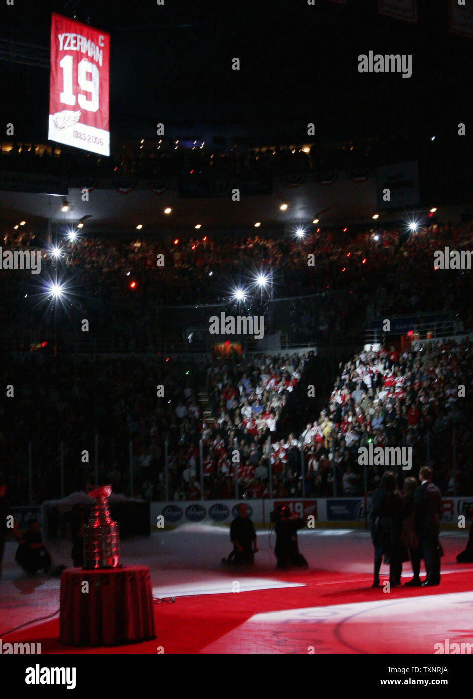 Detroit Red Wings former captain Steve Yzerman's number is hoisted