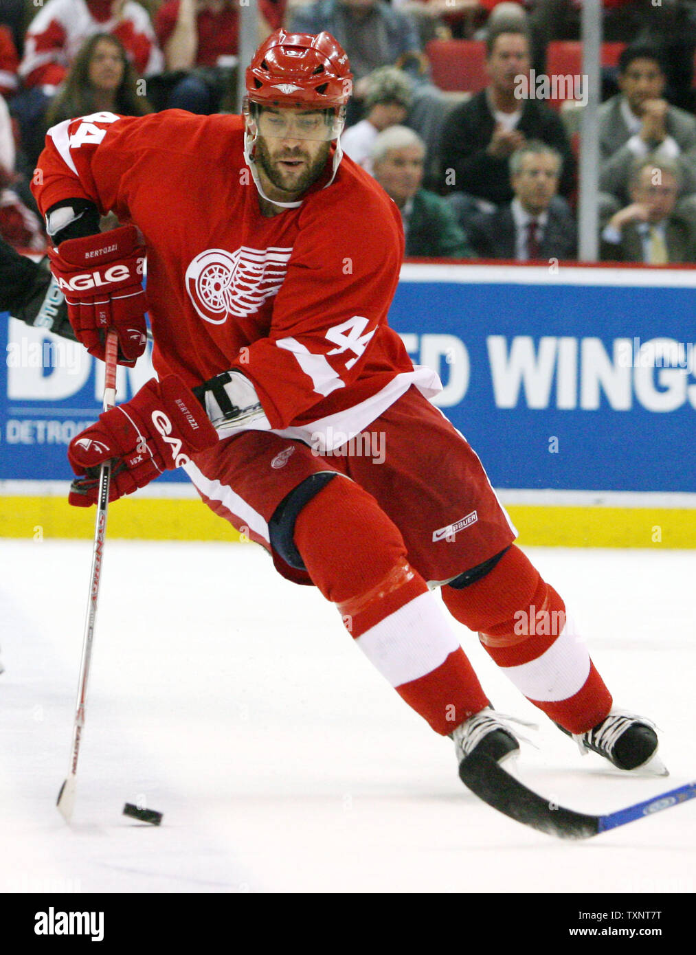 Todd Bertuzzi #44 of the Detroit Red Wings blows a bubble …