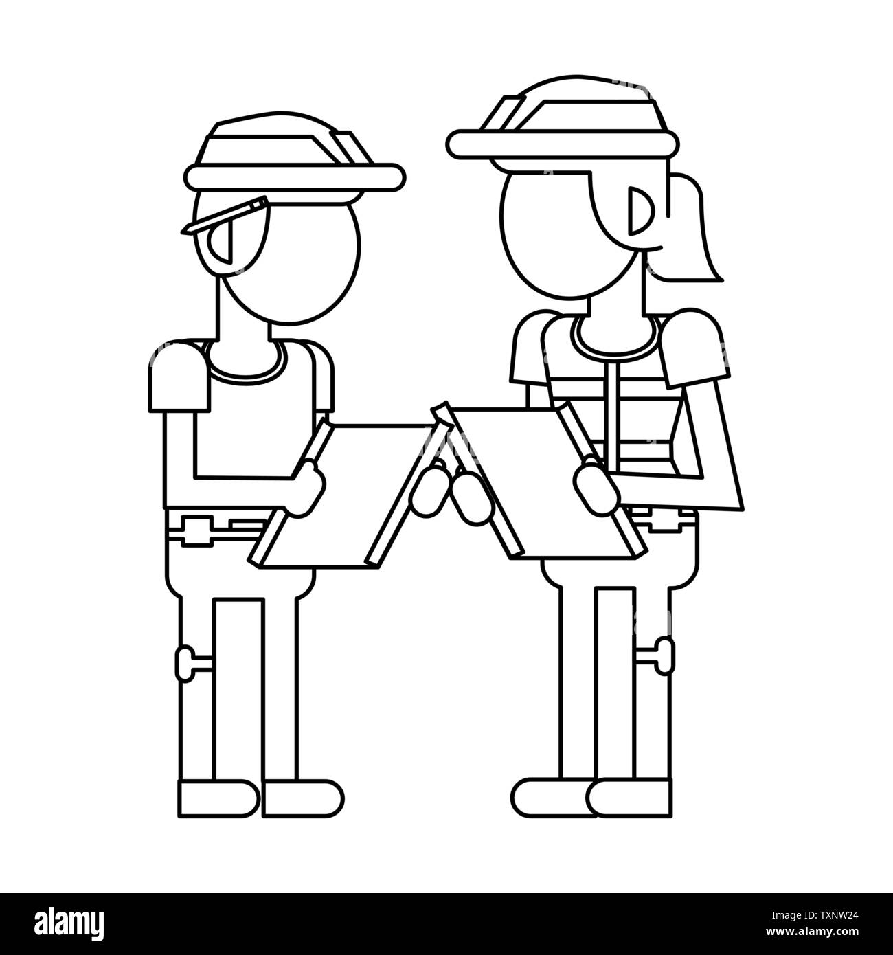 Construction workers with tools cartoons in black and white faceless Stock Vector