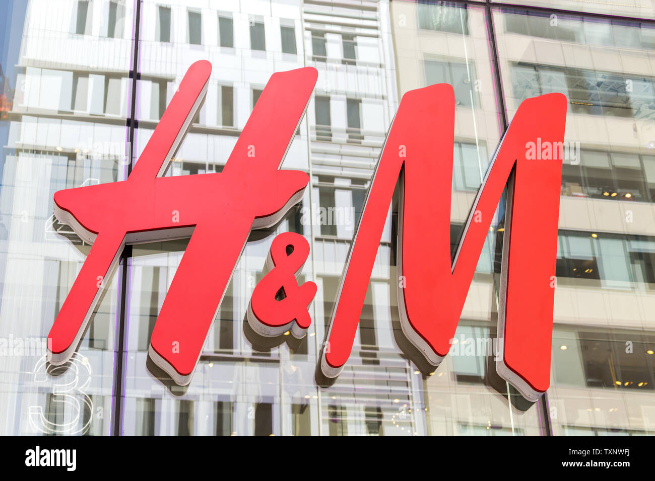 NEW YORK - CIRCA MARCH 2016: close up shot of H and M logo. H and M ...
