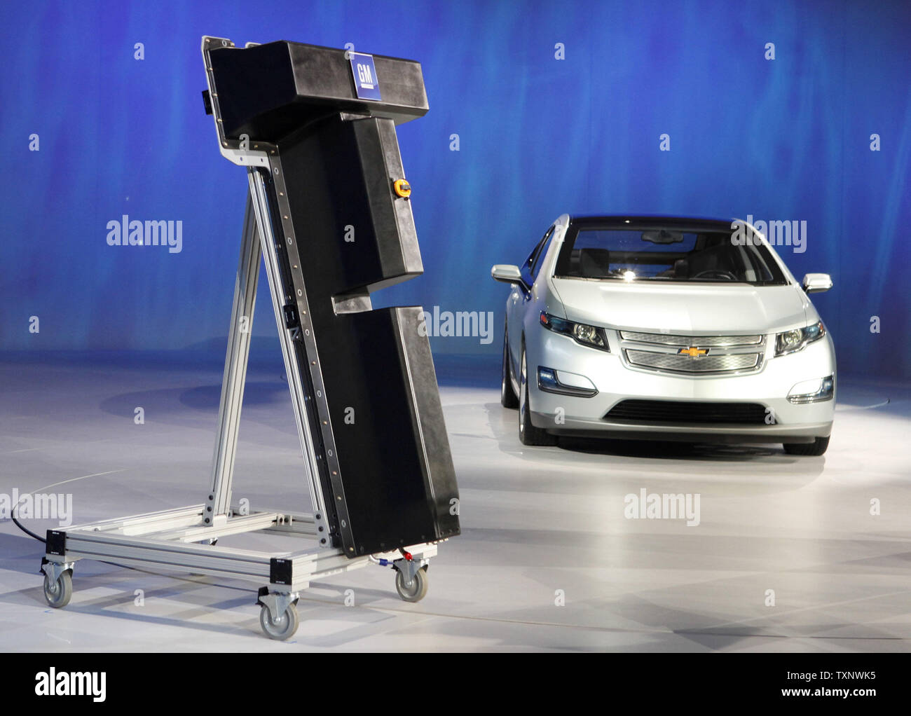 The Chevy Volt and its battery pack are displayed at the North American  International Auto Show at the Cobo Center on January 12, 2009 in Detroit,  Michigan. (UPI Photo/Brian Kersey Stock Photo -