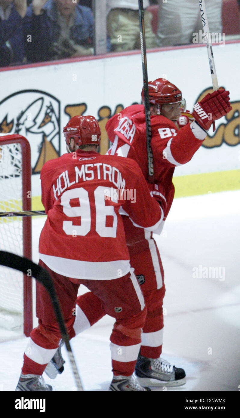 Detroit Red Wings Tomas Holmstrom (96) and Marian Hossa (81) celebrate a goal against the Pittsburgh Penguins during the first period of game 1 of the Stanley Cup Final at Joe Louis Arena in Detroit on May 30, 2009. (UPI Photo/Mark Cowan) Stock Photo