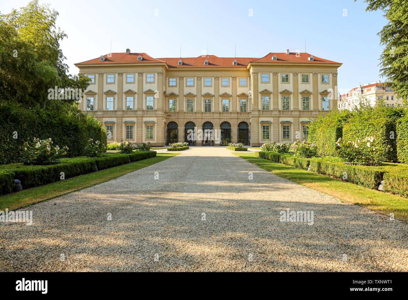 Back view of Palais Liechtenstein, surrounded by the park Stock Photo