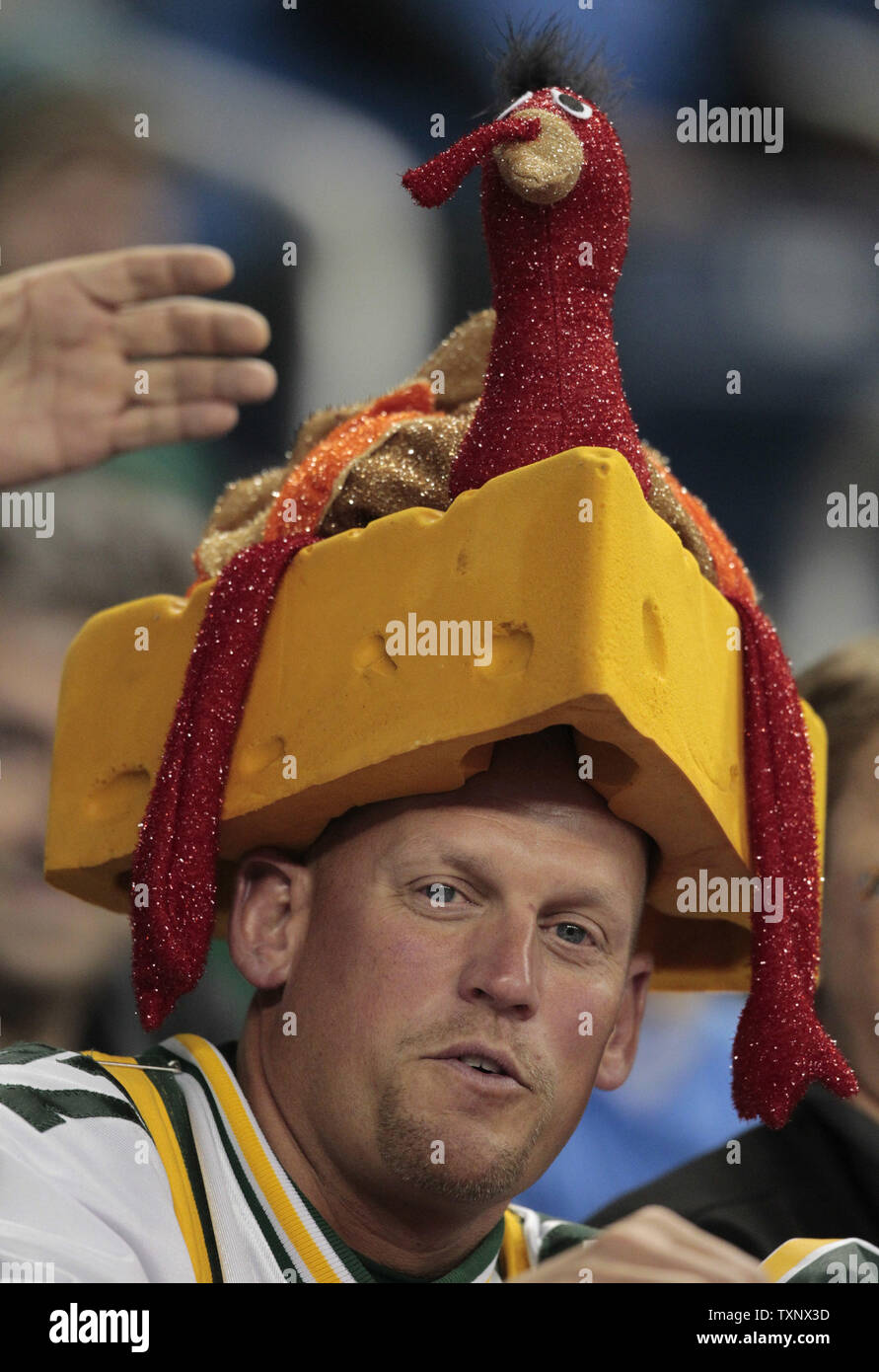 Green Bay Packers fan Bob Ewest of Milwaukee in the stands as the Packers play the Detroit Lions during in Detroit on November 24, 2011.  The Packers beat the Lions 27-15. UPI/Jeff Kowalsky Stock Photo