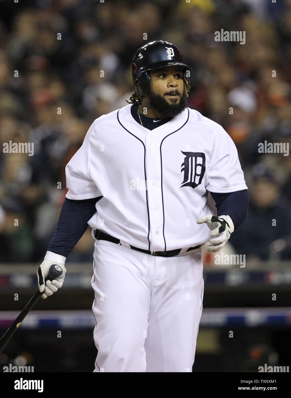 Detroit Tigers first baseman Prince Fielder walks off the field after  striking out during the first inning of game 4 of the World Series against  the San Francisco Giants at Comerica Park