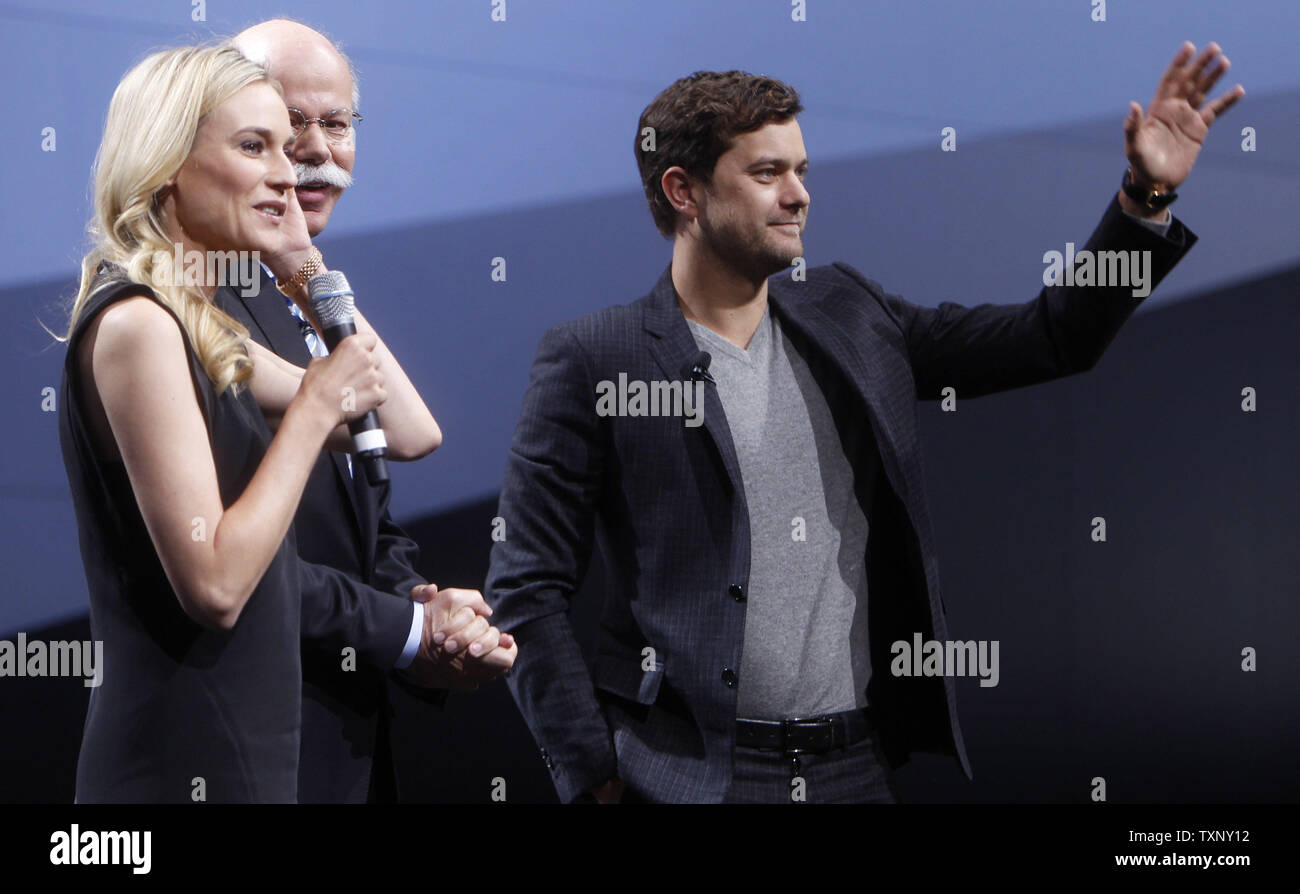 Actress Diane Kruger, left, Chairman Dr. Dieter Zetsche, and actor Joshua Jackson, right, present the new Mercedes E-Class during the 2013 North American International Auto Show at the Cobo Center in Detroit, January 14, 2013. UPI/Mark Cowan Stock Photo