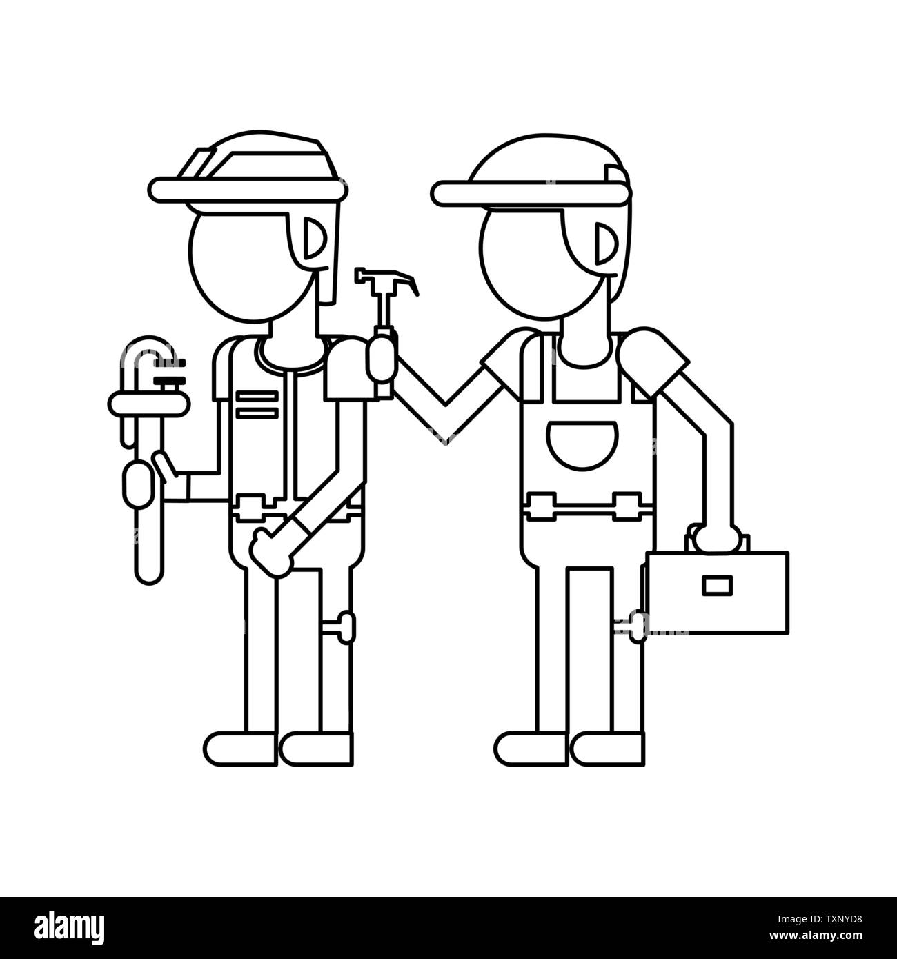 Construction workers with tools cartoons in black and white faceless Stock Vector