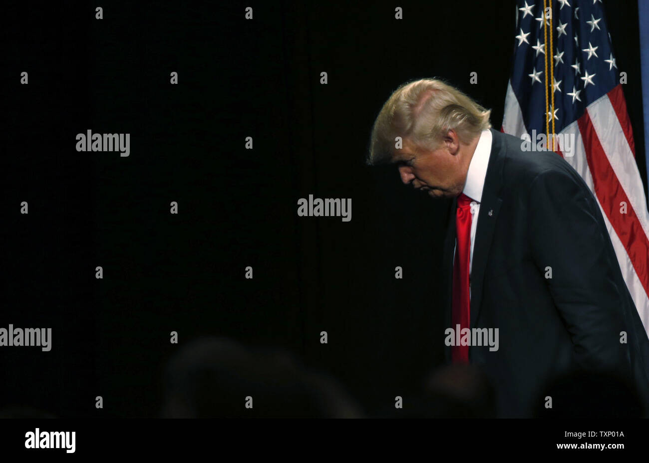 Republican U.S presidential nominee Donald Trump leaves the stage after addressing the Detroit Economic Club where he introduced his economic plan in Detroit, Michigan, August 9, 2016. Photo by Rebecca Cook/UPI Stock Photo
