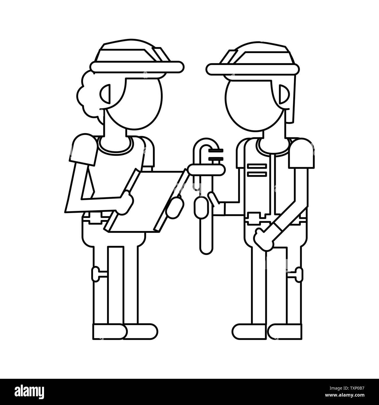 Construction workers with tools cartoons in black and white faceless Stock Vector