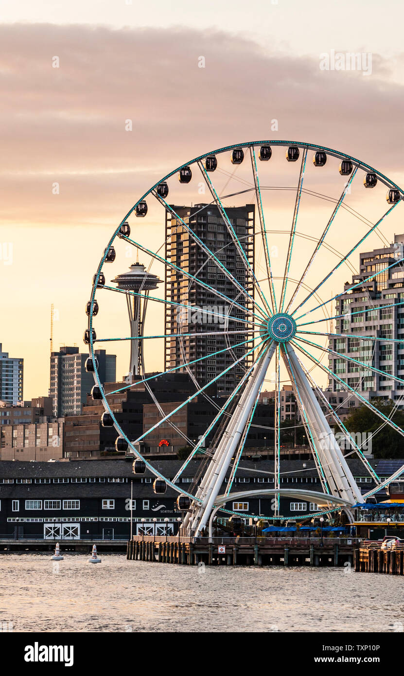 The downtown Seattle waterfront including the Seattle Great Wheel and