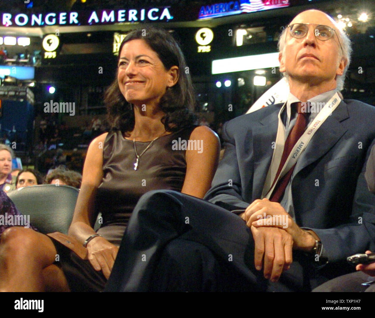Actor Larry David, of the TV program 'Curb Your Enthusiasm,' and his wife Laurie attend day three of the Democratic National Convention at the FleetCenter in Boston on July 28, 2004.    (UPI Photo/Greg Whitesell) Stock Photo