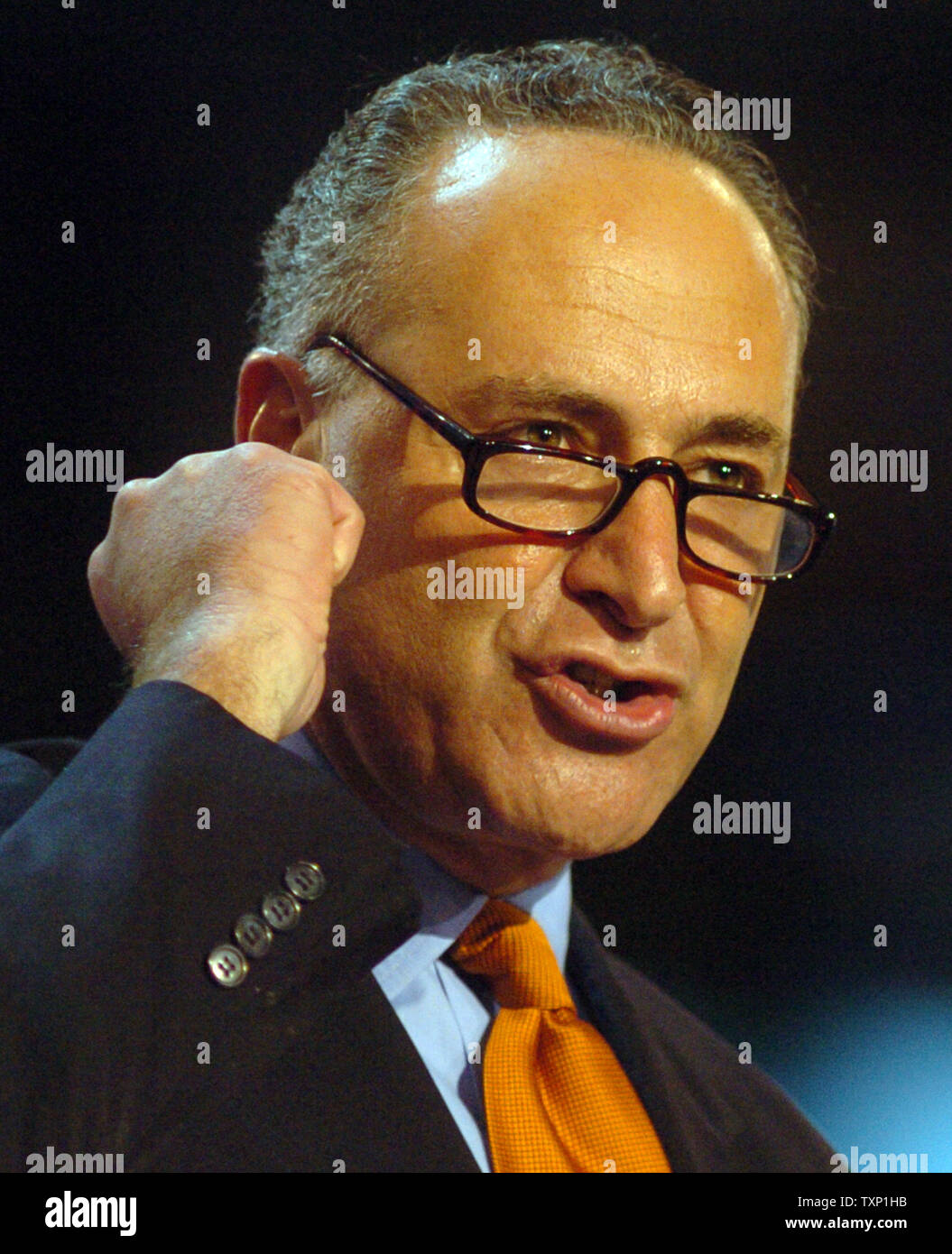 Sen. Charles Schumer of New York speaks to the delegations at the Democratic National Convention at the FleetCenter in Boston on July 28, 2004.    (UPI Photo/Greg Whitesell) Stock Photo