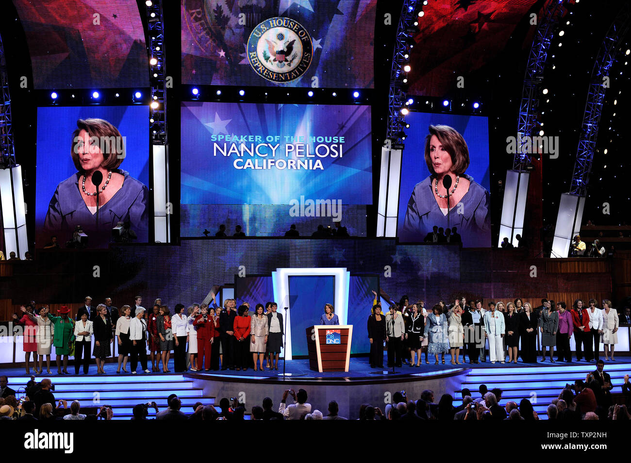Speaker of the House Nancy Pelosi (D-NY) joined by the women of the House of Representatives speaks during the third day of the Democratic National Convention at the Pepsi Center in Denver on August 27, 2008. (UPI Photo/Kevin Dietsch) Stock Photo
